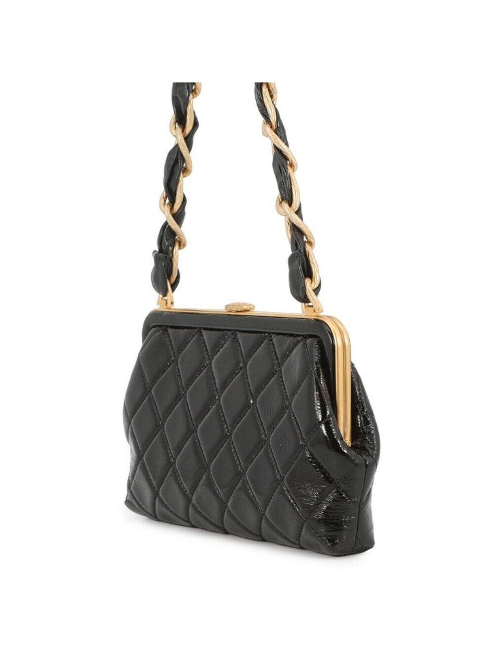 Chanel Shoulder Bag Quilted CC Logo Ribbon Chain Clutch Patent Black - Picture 2 of 10